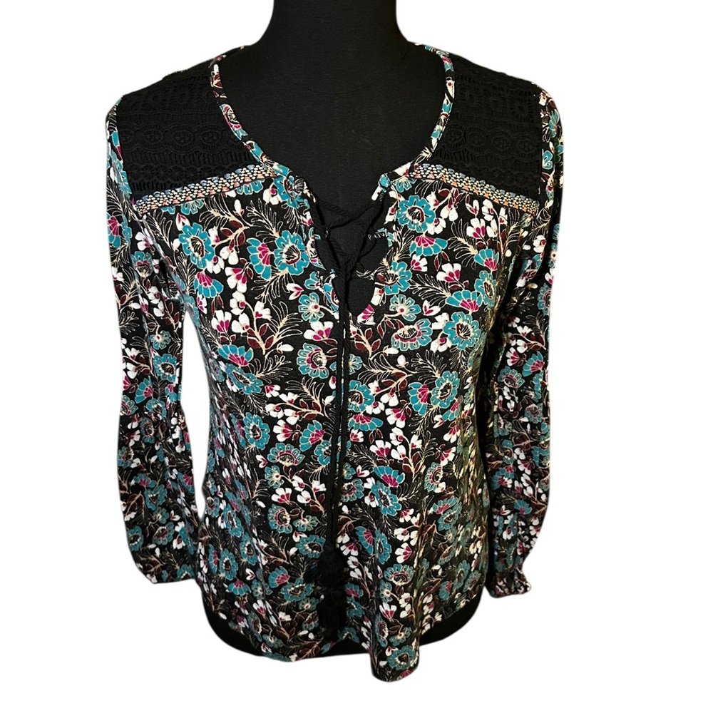 Xhilaration Floral Boho Lace-Up Blouse Size Small